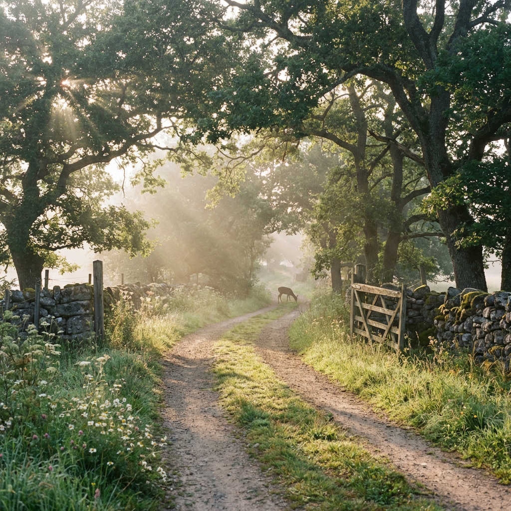 Sunbeams illuminate a dirt path between stone walls with a deer in the distance.