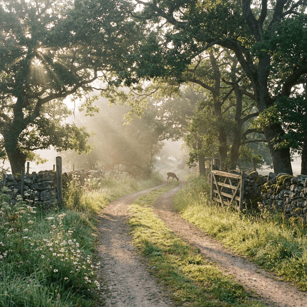 Sunbeams illuminate a dirt path between stone walls with a deer in the distance.