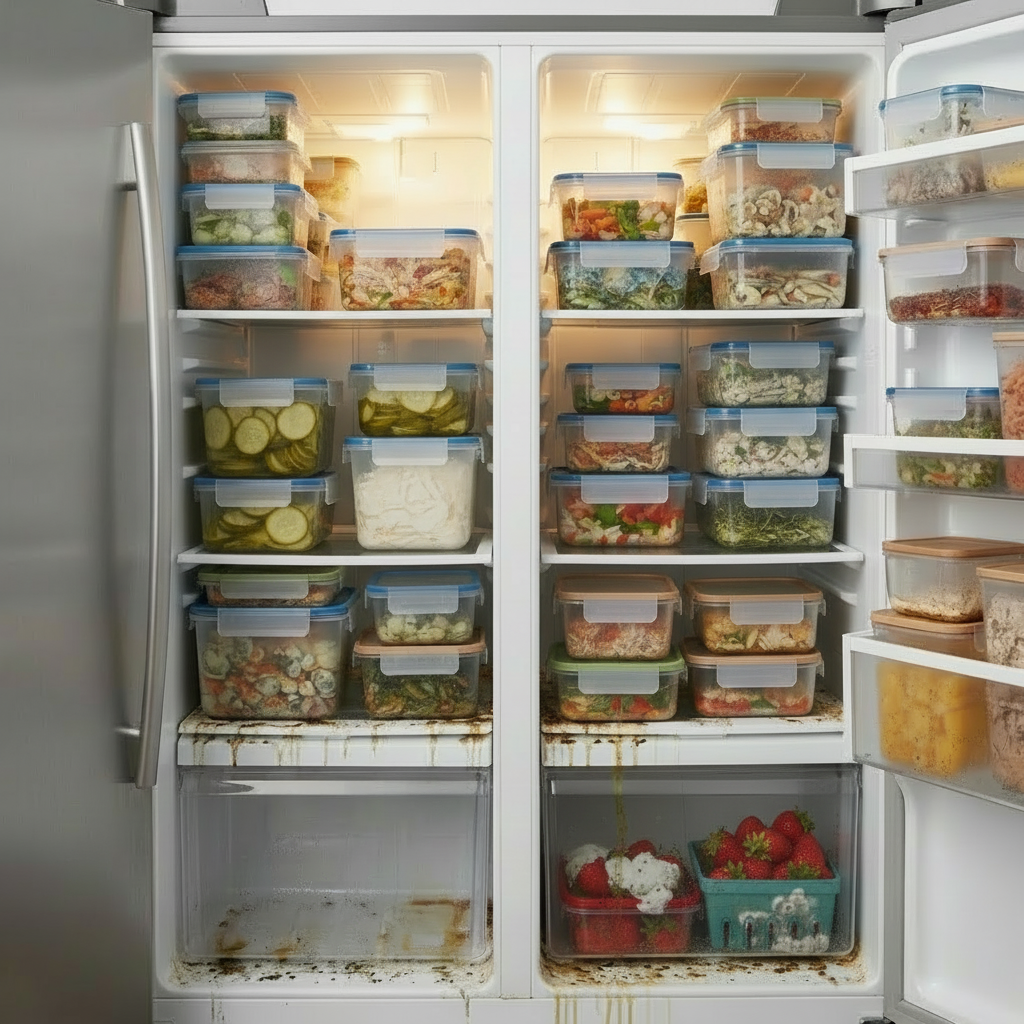 A side-by-side refrigerator filled with neatly stacked clear glass and plastic meal prep containers.