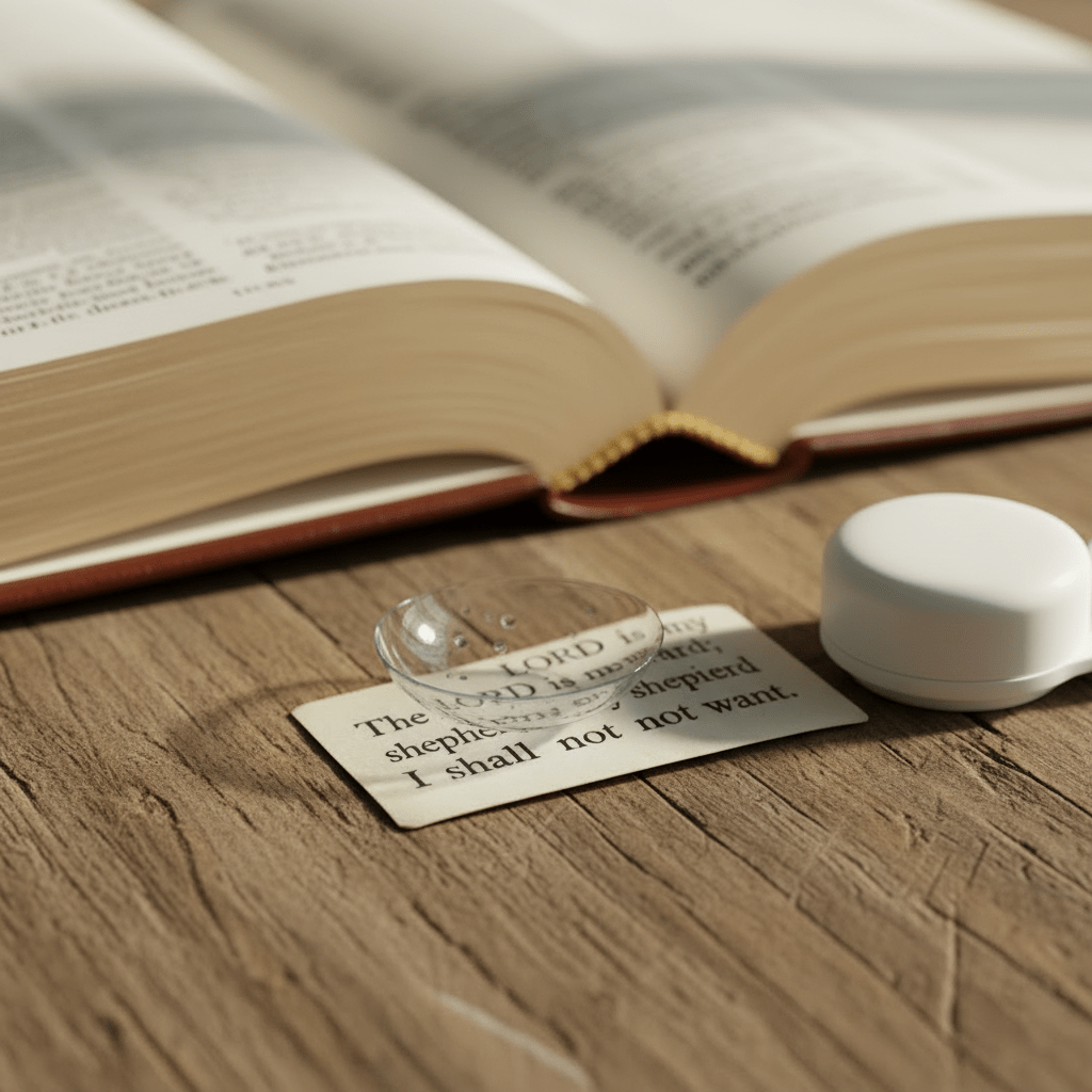 A contact lens on a card reading: The LORD is my shepherd; I shall not want.