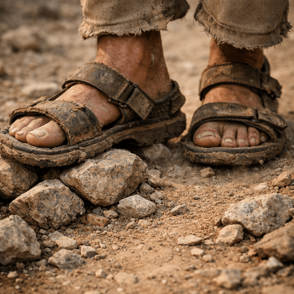 Feet wearing old, dirty sandals standing on rocky, dusty ground