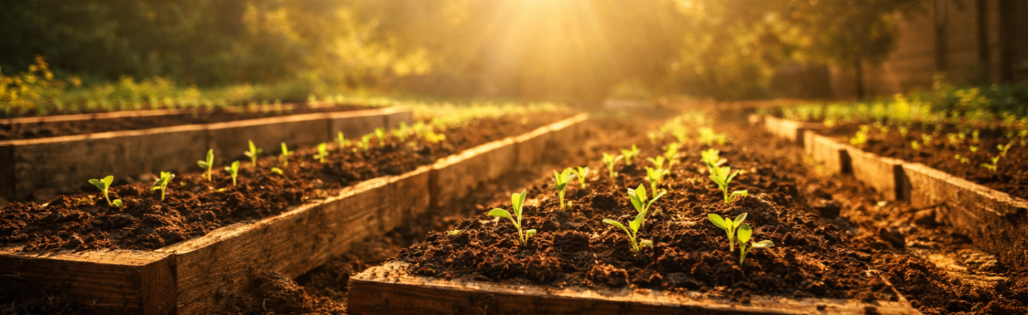 Garden rows with tiny green shoots in warm morning light, header for Small Seeds Big Faith