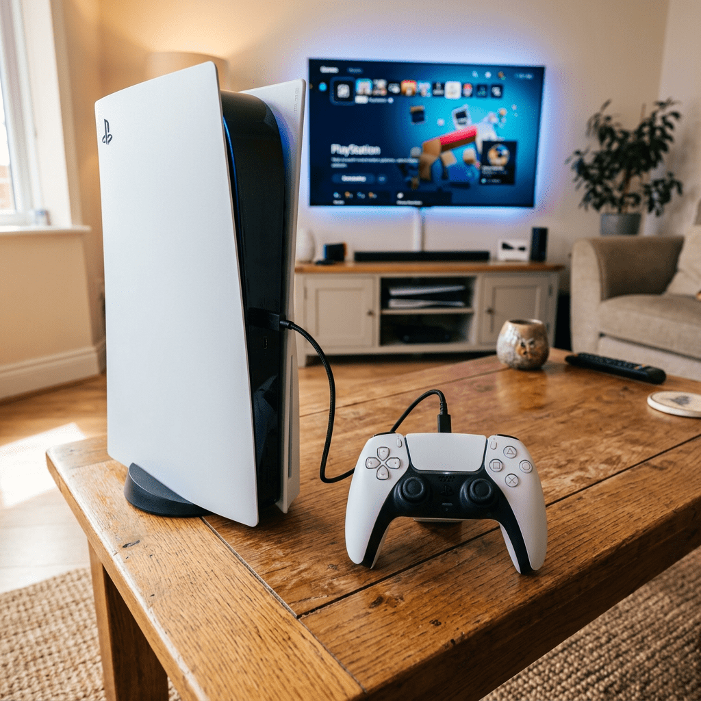 PlayStation 5 console with wired controller on wooden table in front of TV